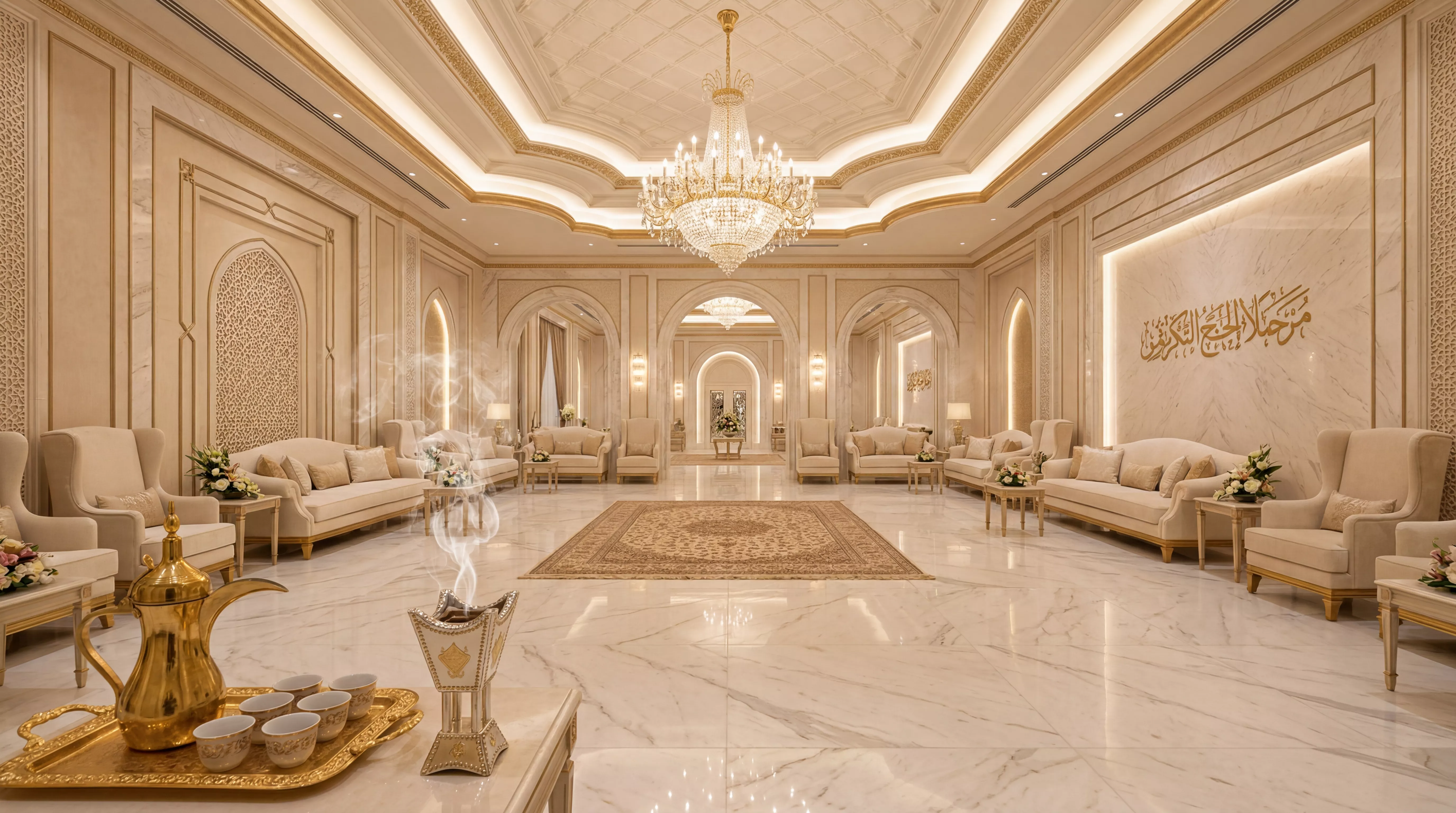 A luxurious VIP reception hall for pilgrims, designed with marble and gold.
